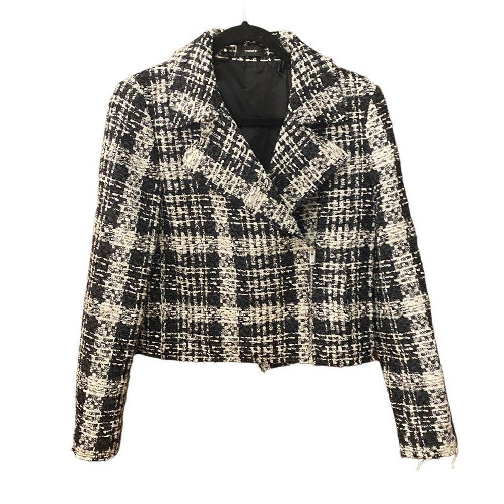 Theory tweed plaid side zip black white jacket chic preppy collared Size 4